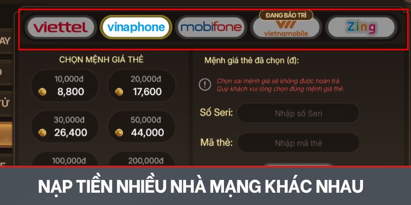 Nạp tiền bằng thẻ cào của nhiều nhà mạng khác nhau